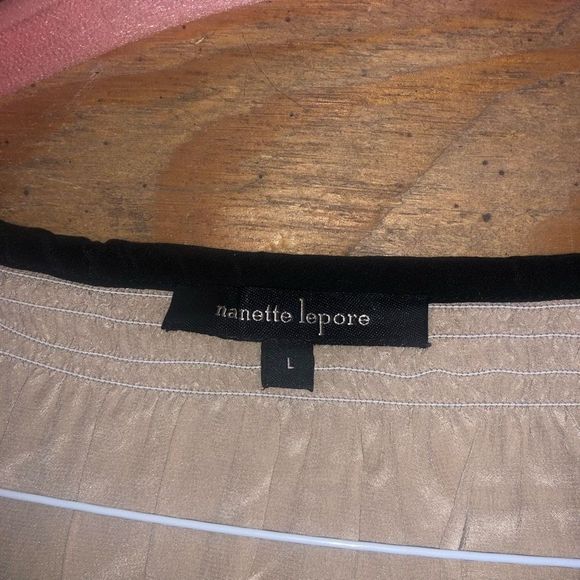 NANETTE LEPORE Beaded Blouse Silk Tan Black Bohemian Top*, Sz Large, MSRP $298 - Picture 5 of 10